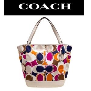 COACH White & Multicolor Part Op Art Satin & Leather Carrie Tote, EUC